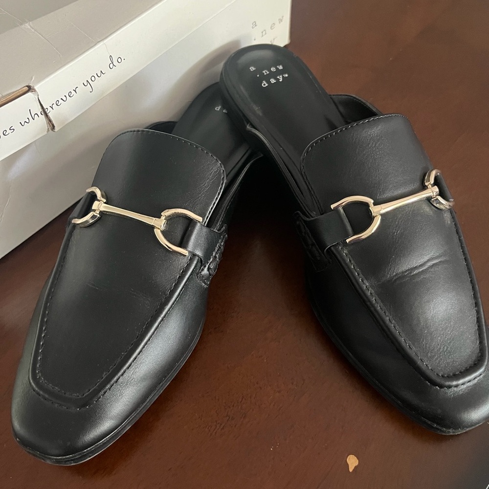 A New Day Black Mules with Gold Accent